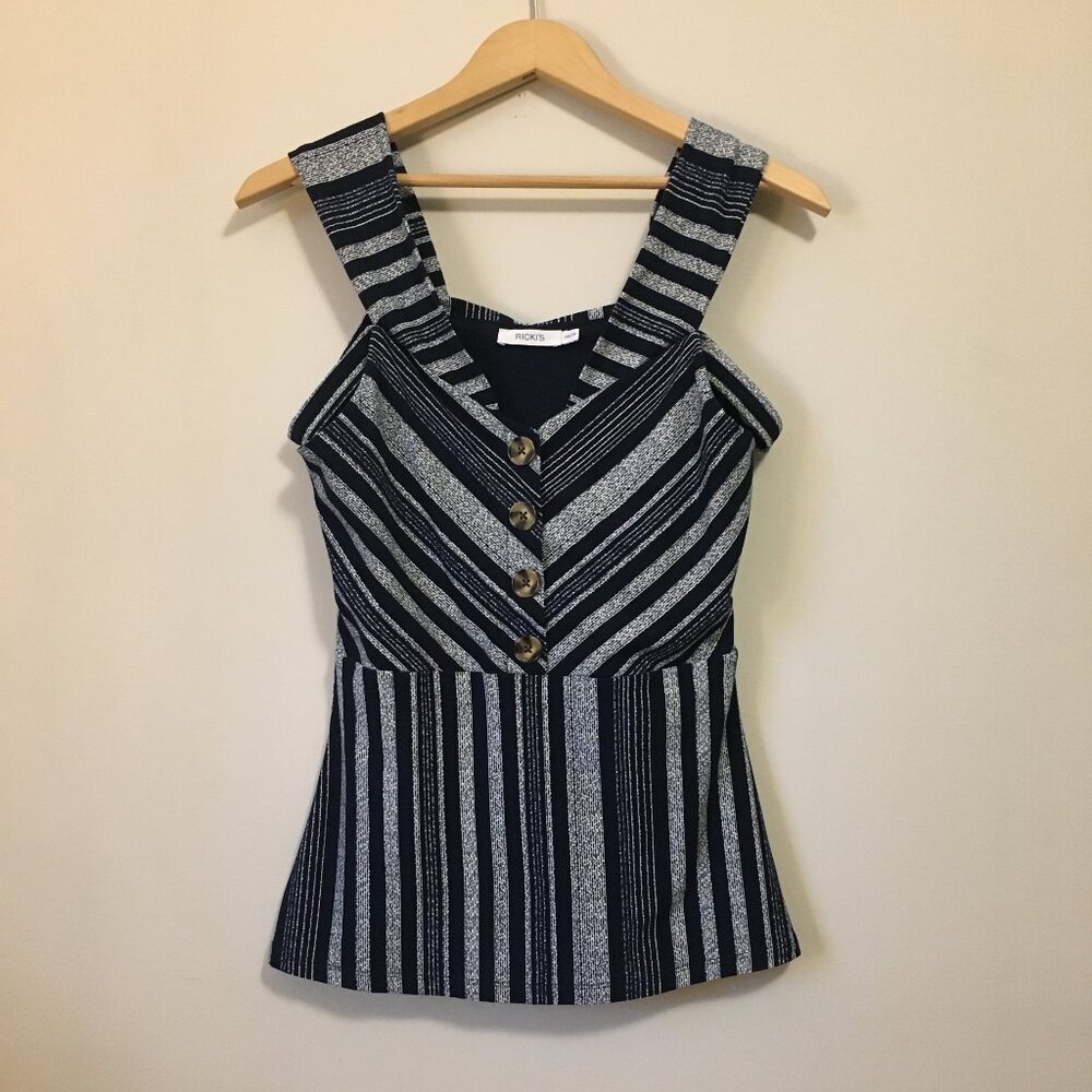 Y2K Ricki’s Black & White Barcode-Stripe Babydoll Cold-Shoulder Tank, XS — Cyber